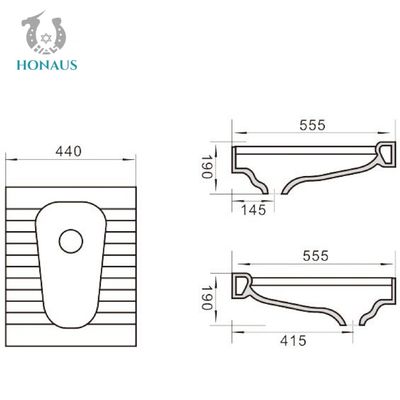 Front / Back Flush S Bend White Squatting Pan Wc Squat Bowl Toilet 555*440*190mm