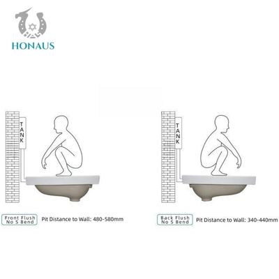 Front / Back Flush S Bend White Squatting Pan Wc Squat Bowl Toilet 555*440*190mm