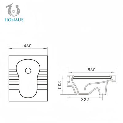 530*430*190/230mm Ceramic Squatting Pan Toilet Without S Bend Anti Slip