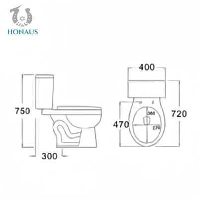 Classic Two Piece Toilet Bowl Round High Temp Burned Ceramic Single Flush 750*400*720