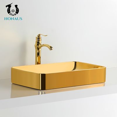 Luxury Bathroom Countertop Basin Electroplated Gold Ceramic Mirror Surface