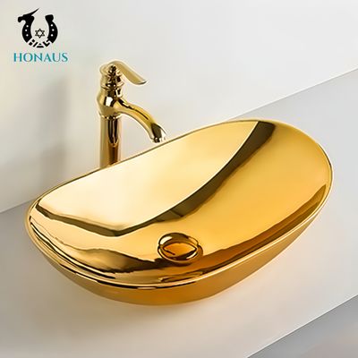 Luxury Bathroom Countertop Basin Electroplated Gold Ceramic Mirror Surface
