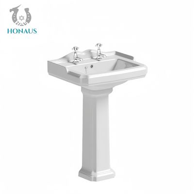 Classic Bathroom Full Pedestal Wash Basin High Temp Burned Ceramic White Retro Style