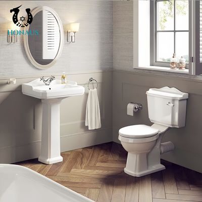 Classic Bathroom Full Pedestal Wash Basin High Temp Burned Ceramic White Retro Style