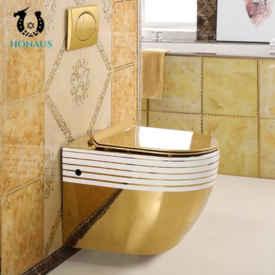 Luxury Bathroom Wall Hung Toilet Bowl Golden Electroplated Premium Ceramic Nano Glaze