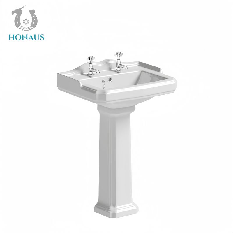 Classic Bathroom Full Pedestal Wash Basin High Temp Burned Ceramic White Retro Style
